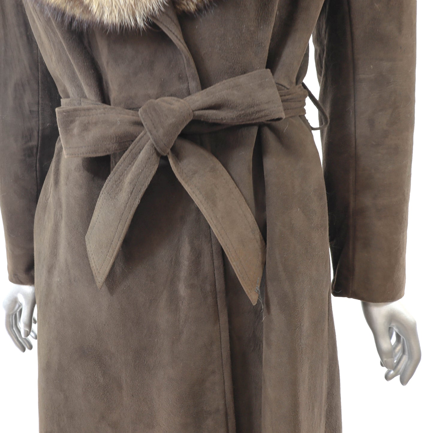 Brown Suede Coat with Raccoon Collar- Size M
