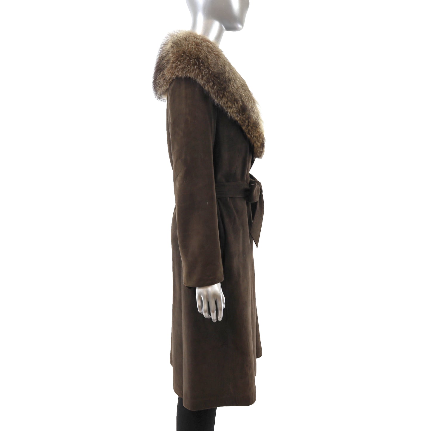 Brown Suede Coat with Raccoon Collar- Size M