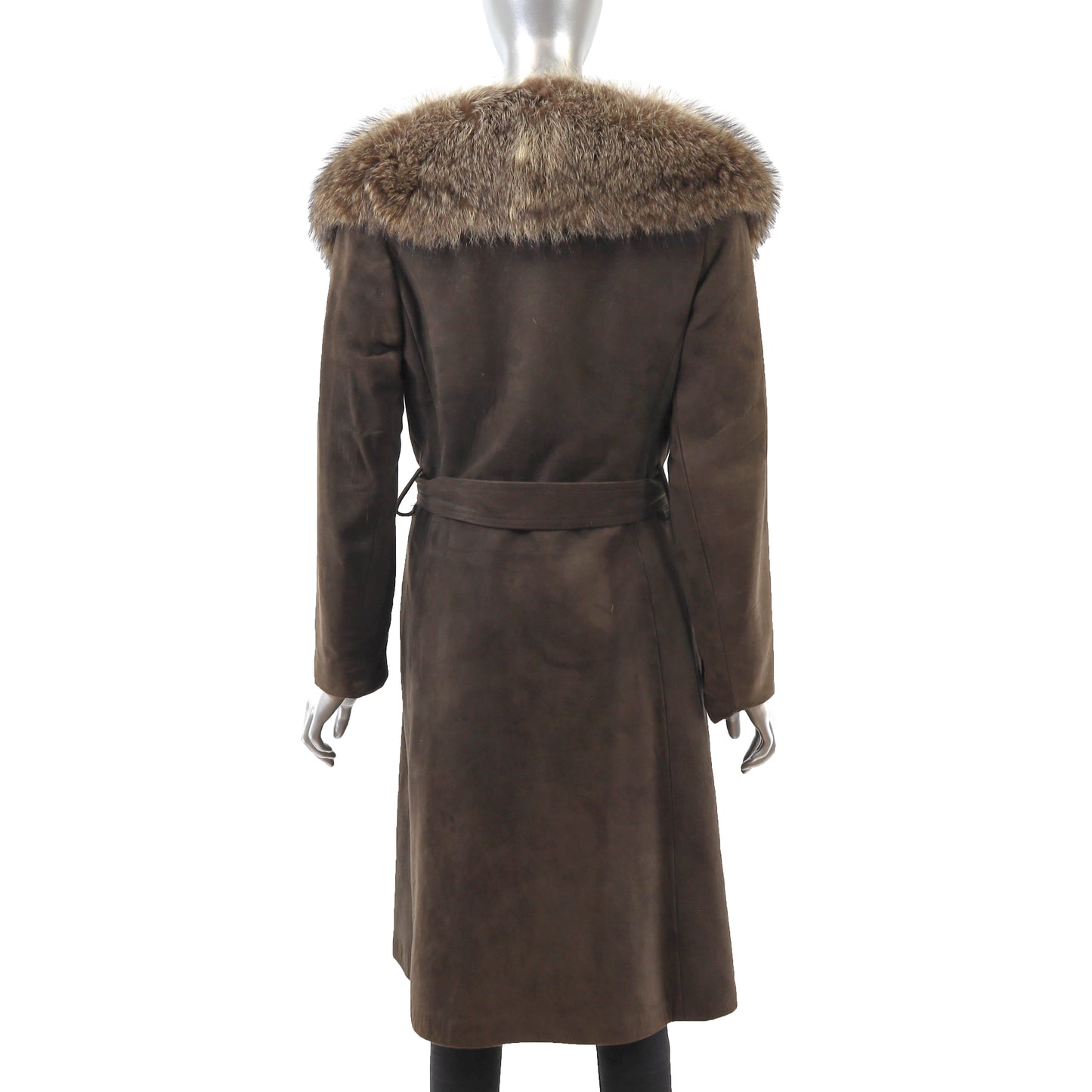 Brown Suede Coat with Raccoon Collar- Size M