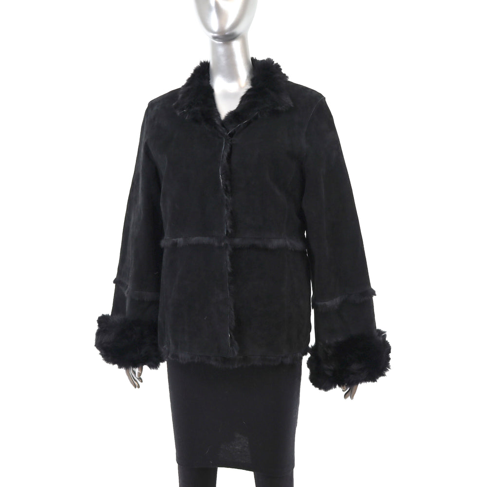 Black Suede Jacket with Rabbit Lining- Size S