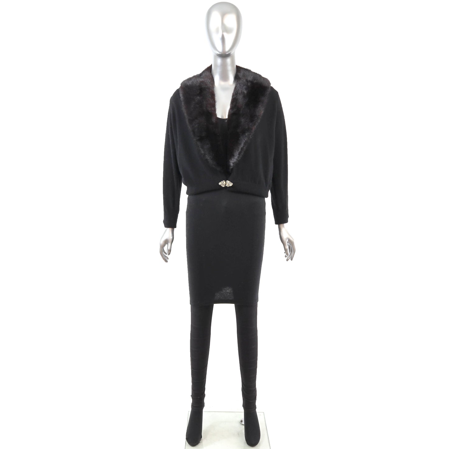 Black Sweater with Mink Collar- Size XS