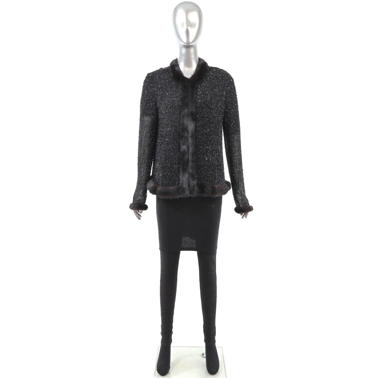 Black Beaded Sweater with Mink Trim- Size M