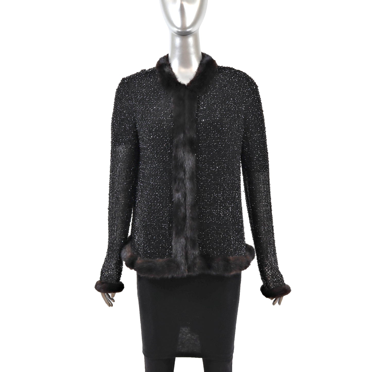 Black Beaded Sweater with Mink Trim- Size M