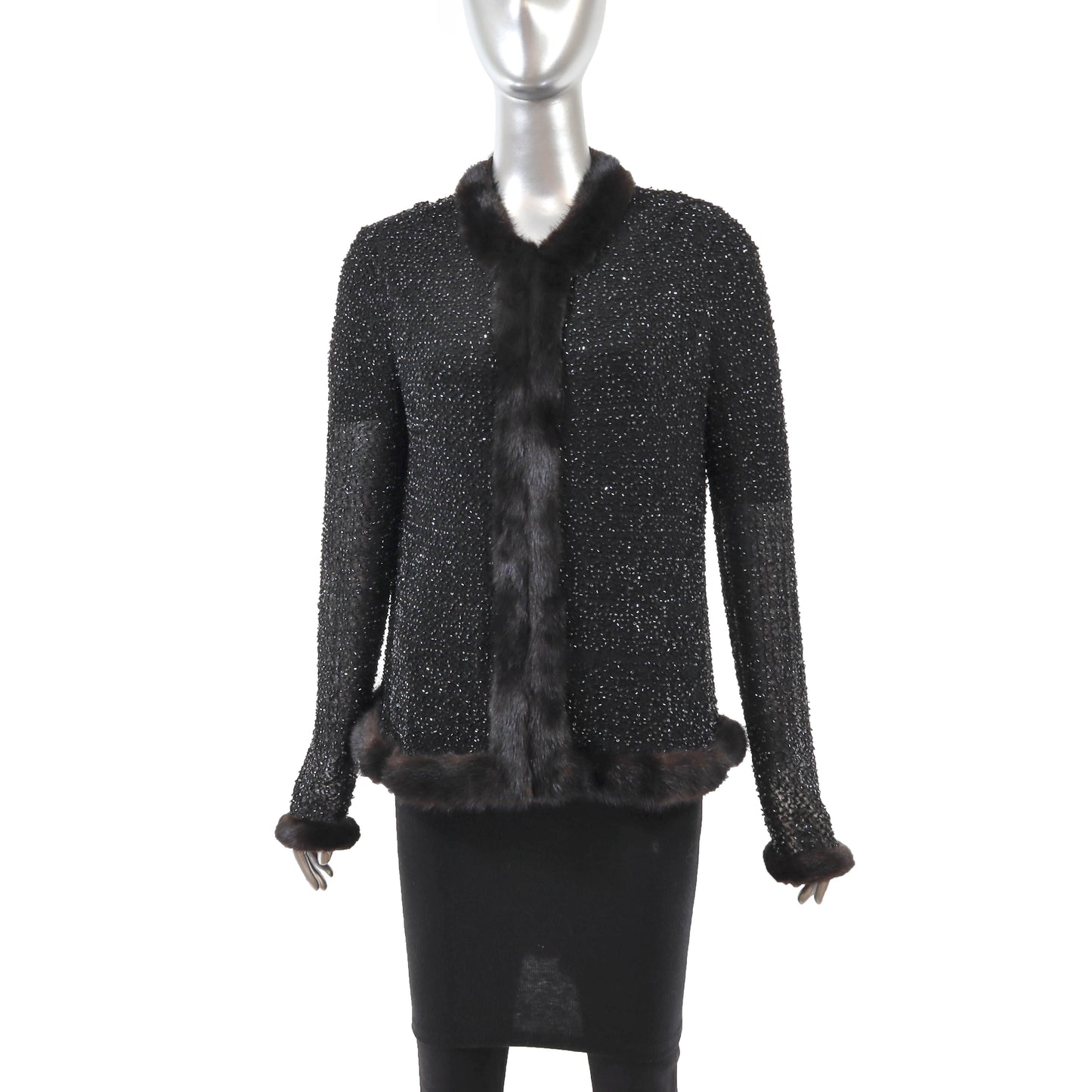 Black Beaded Sweater with Mink Trim- Size M