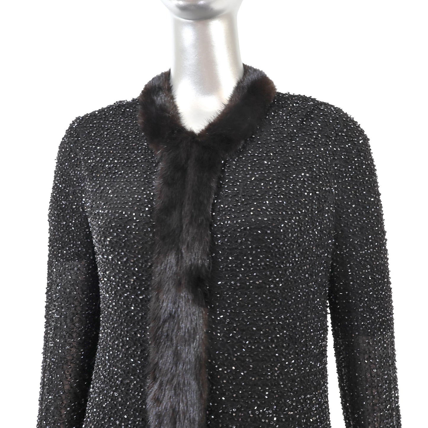 Black Beaded Sweater with Mink Trim- Size M