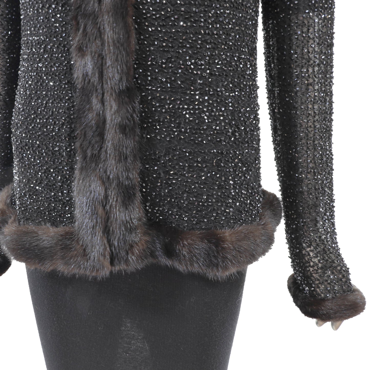 Black Beaded Sweater with Mink Trim- Size M