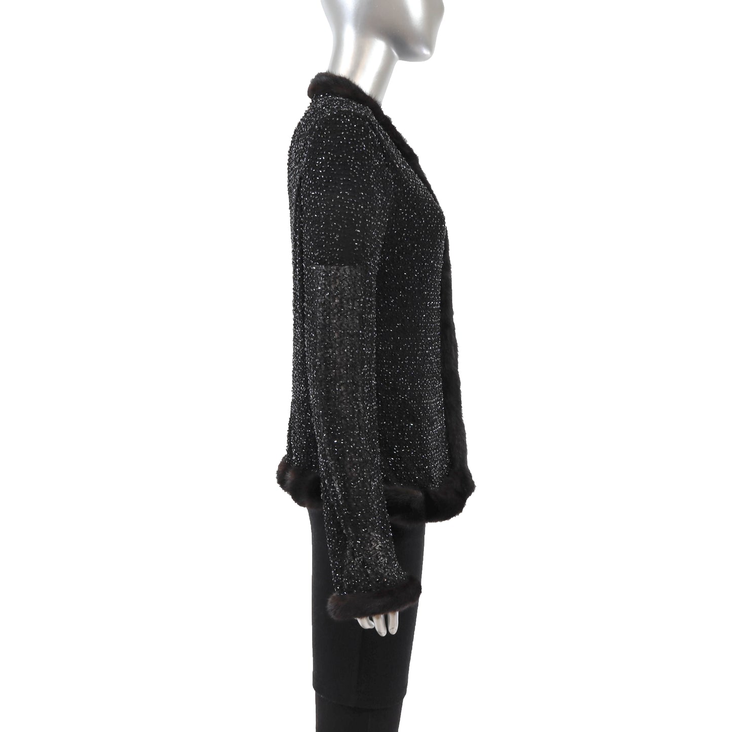 Black Beaded Sweater with Mink Trim- Size M