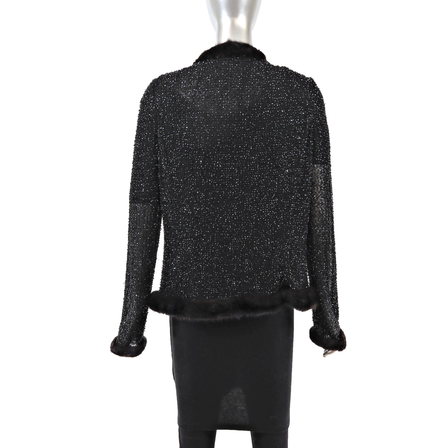 Black Beaded Sweater with Mink Trim- Size M