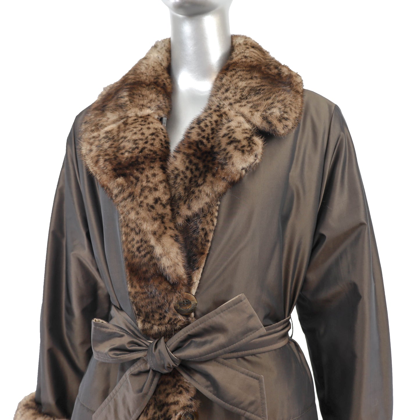 Reversible Taffeta Coat with Animal Printed Mink Trim and Faux Fur Hat- Size L