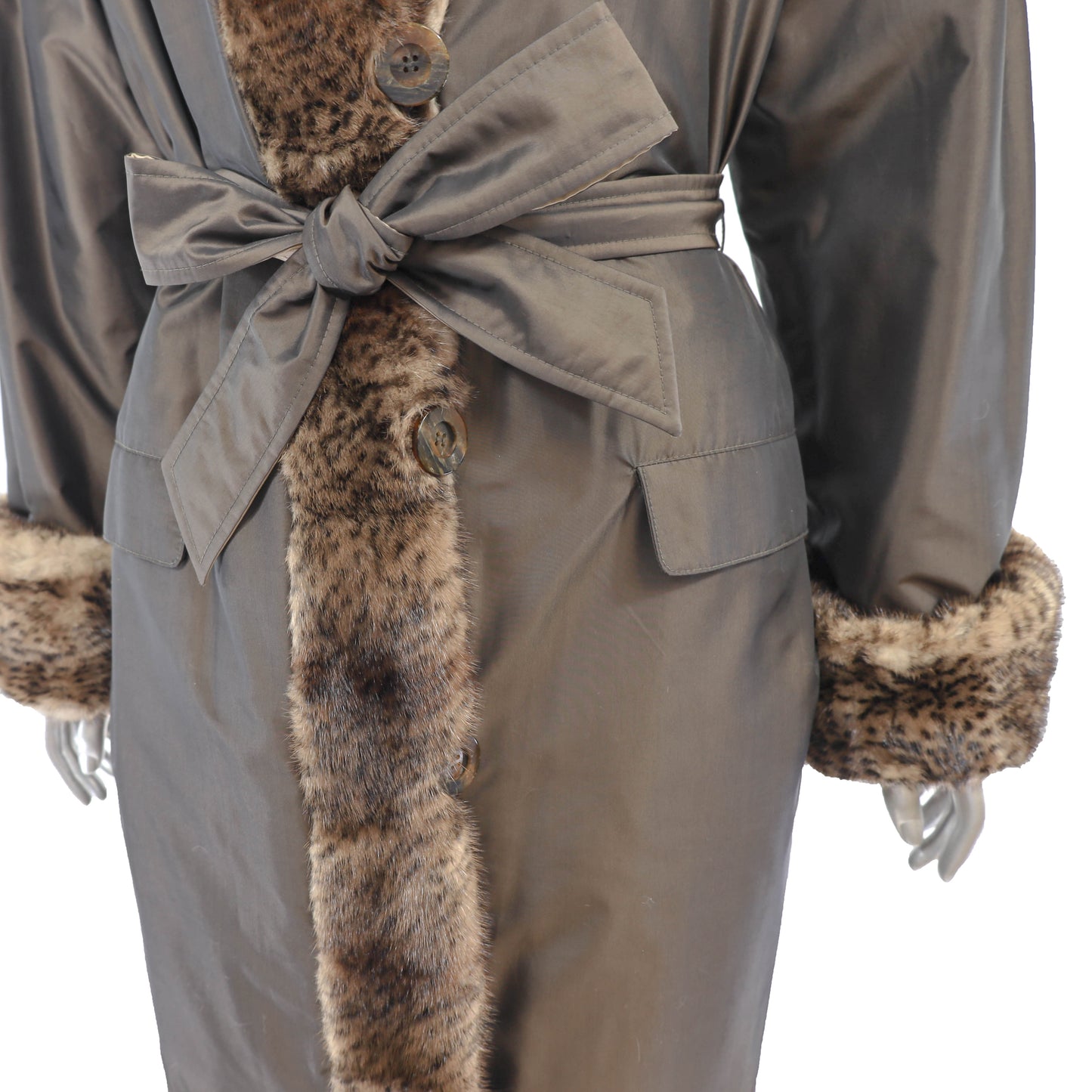 Reversible Taffeta Coat with Animal Printed Mink Trim and Faux Fur Hat- Size L