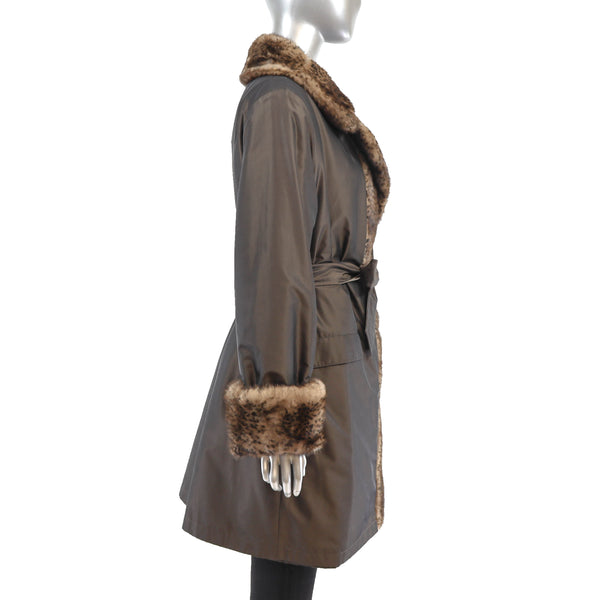 Reversible Taffeta Coat with Animal Printed Mink Trim and Faux Fur Hat- Size L