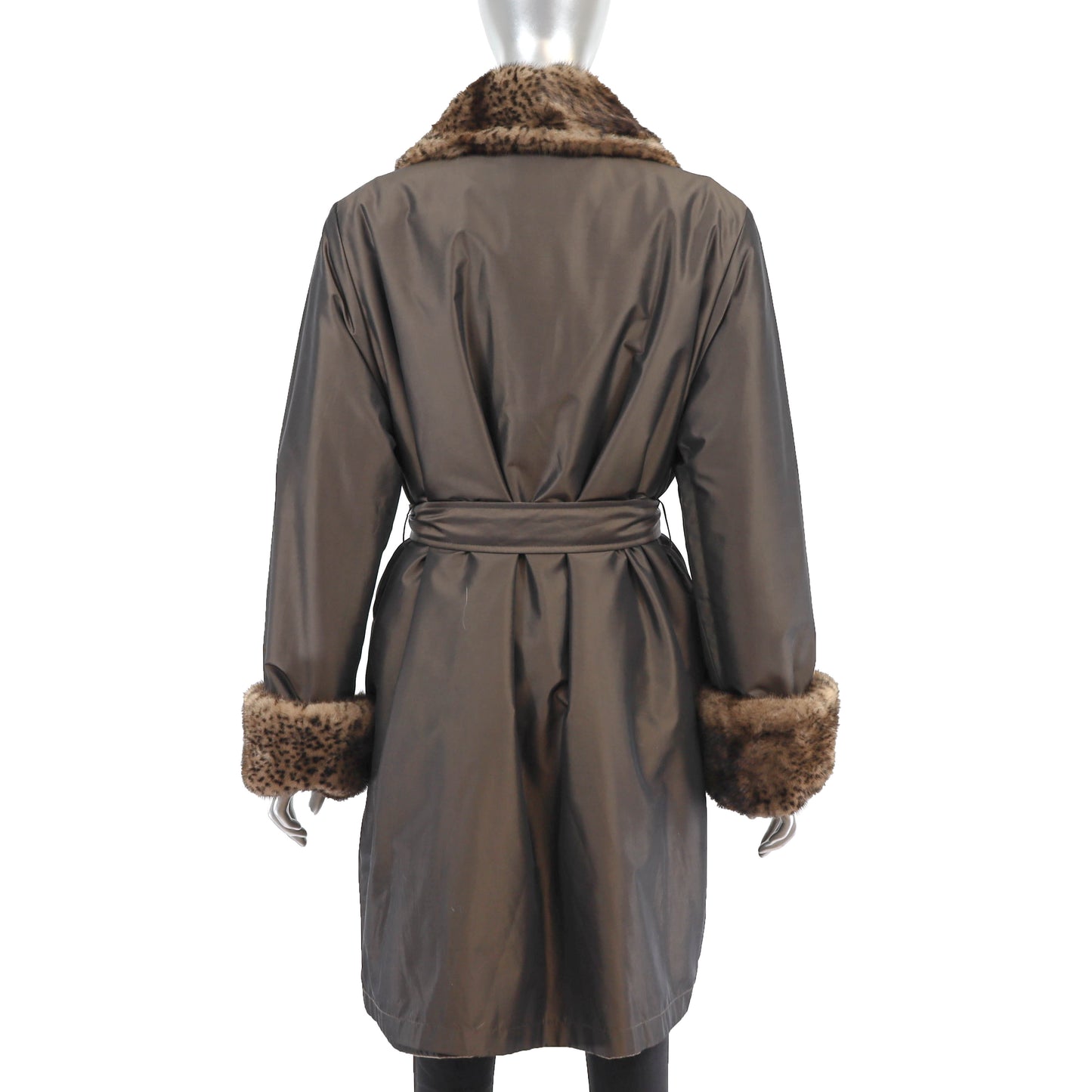 Reversible Taffeta Coat with Animal Printed Mink Trim and Faux Fur Hat- Size L