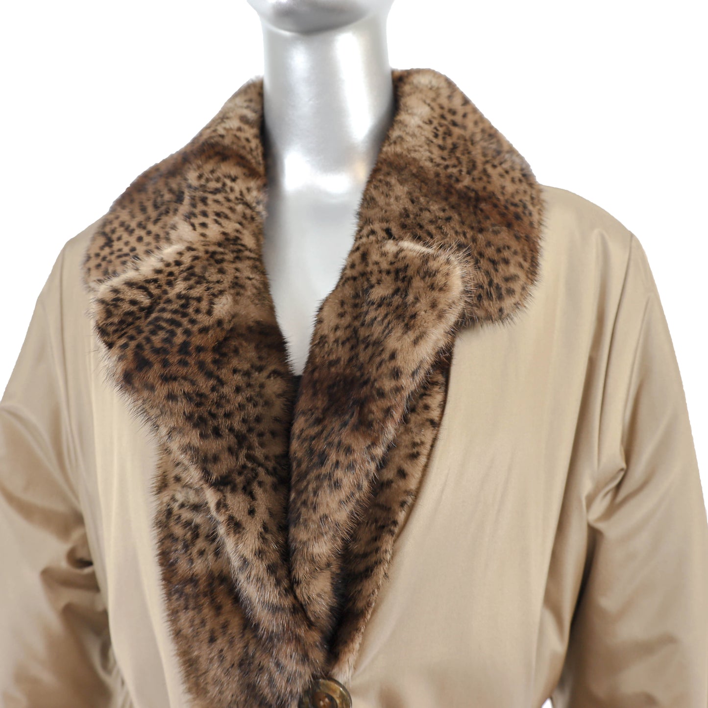 Reversible Taffeta Coat with Animal Printed Mink Trim and Faux Fur Hat- Size L