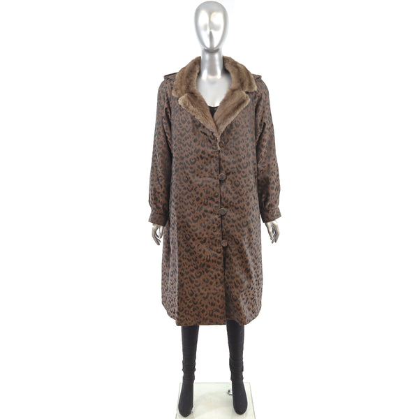 Animal Printed Taffeta Coat with Mink Lining and Removable Hood- Size XXL