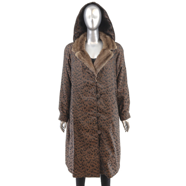 Animal Printed Taffeta Coat with Mink Lining and Removable Hood- Size XXL