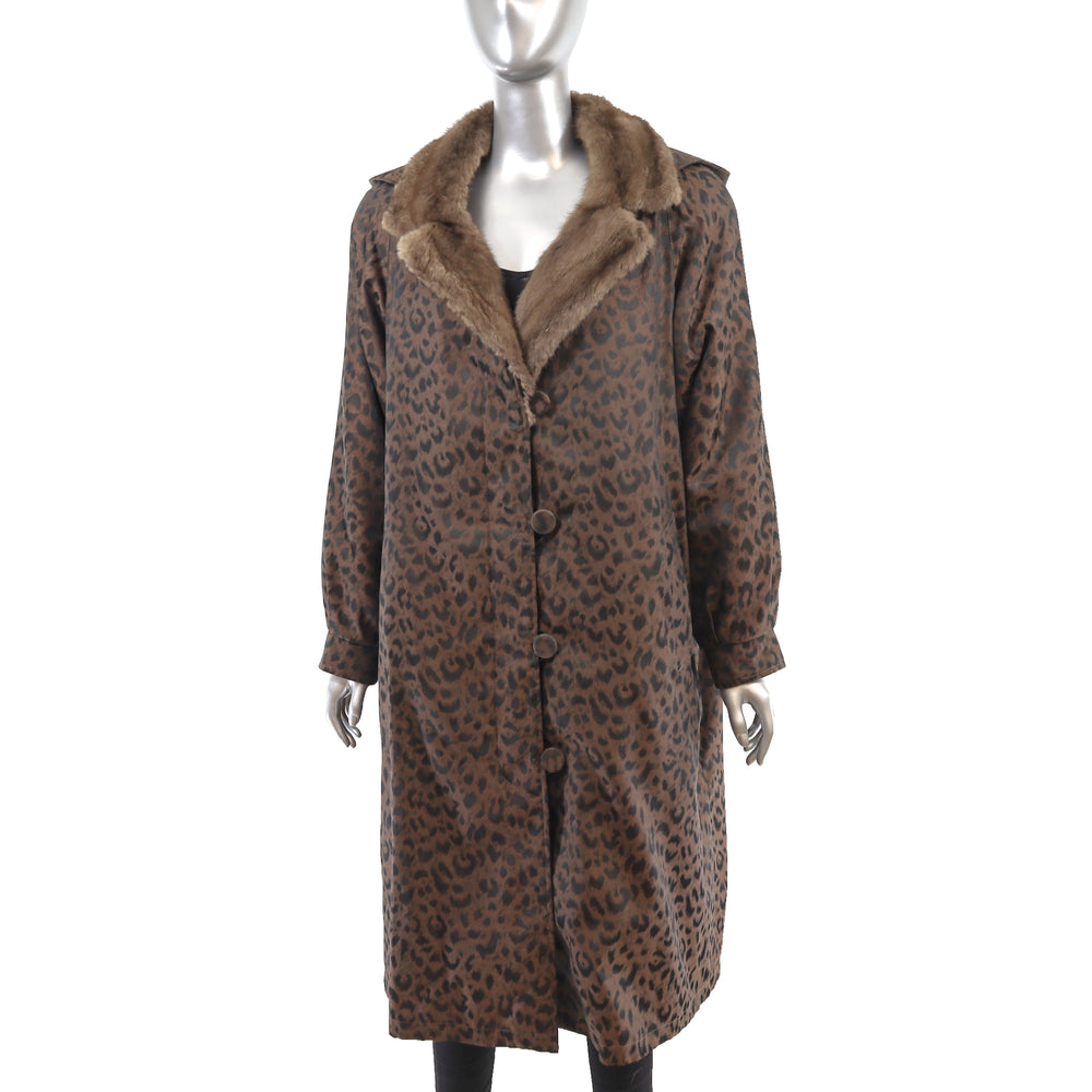 Animal Printed Taffeta Coat with Mink Lining and Removable Hood- Size XXL