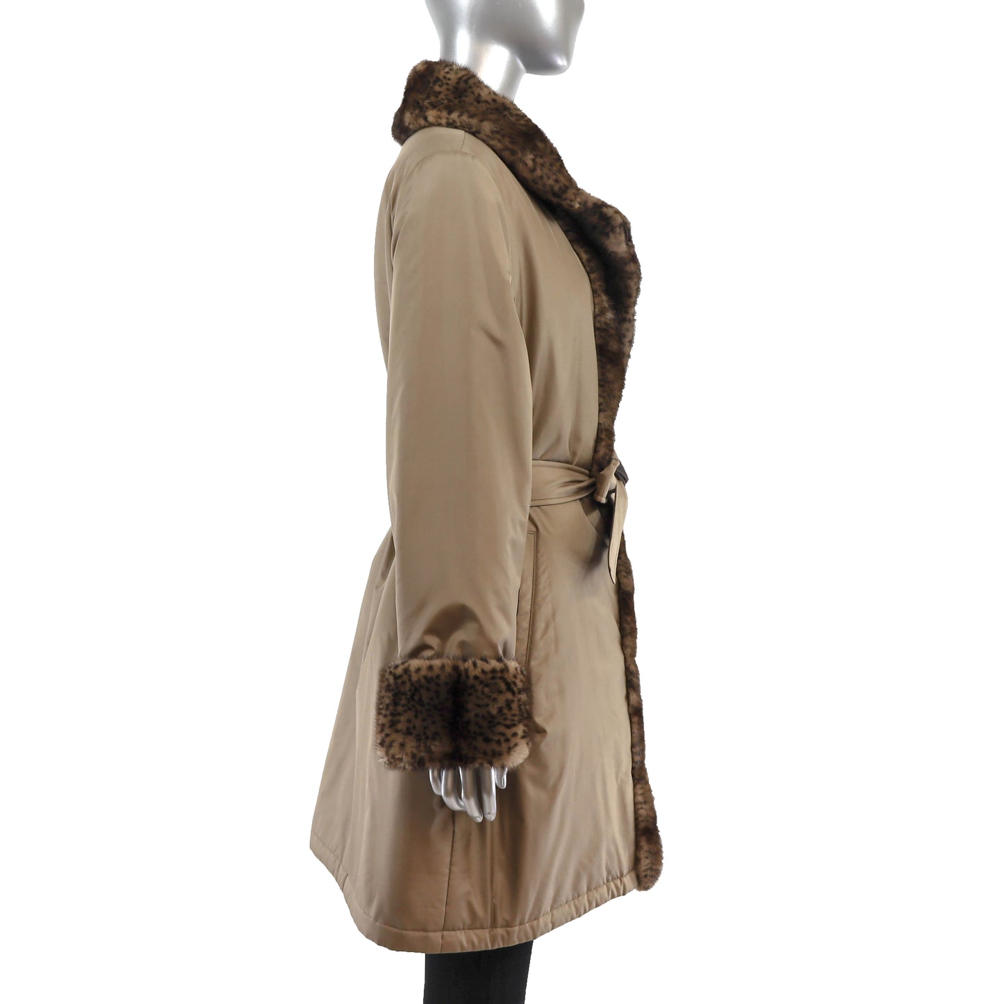 Reversible Taffeta Coat with Animal Printed Mink Trim and Faux Fur Hat- Size L