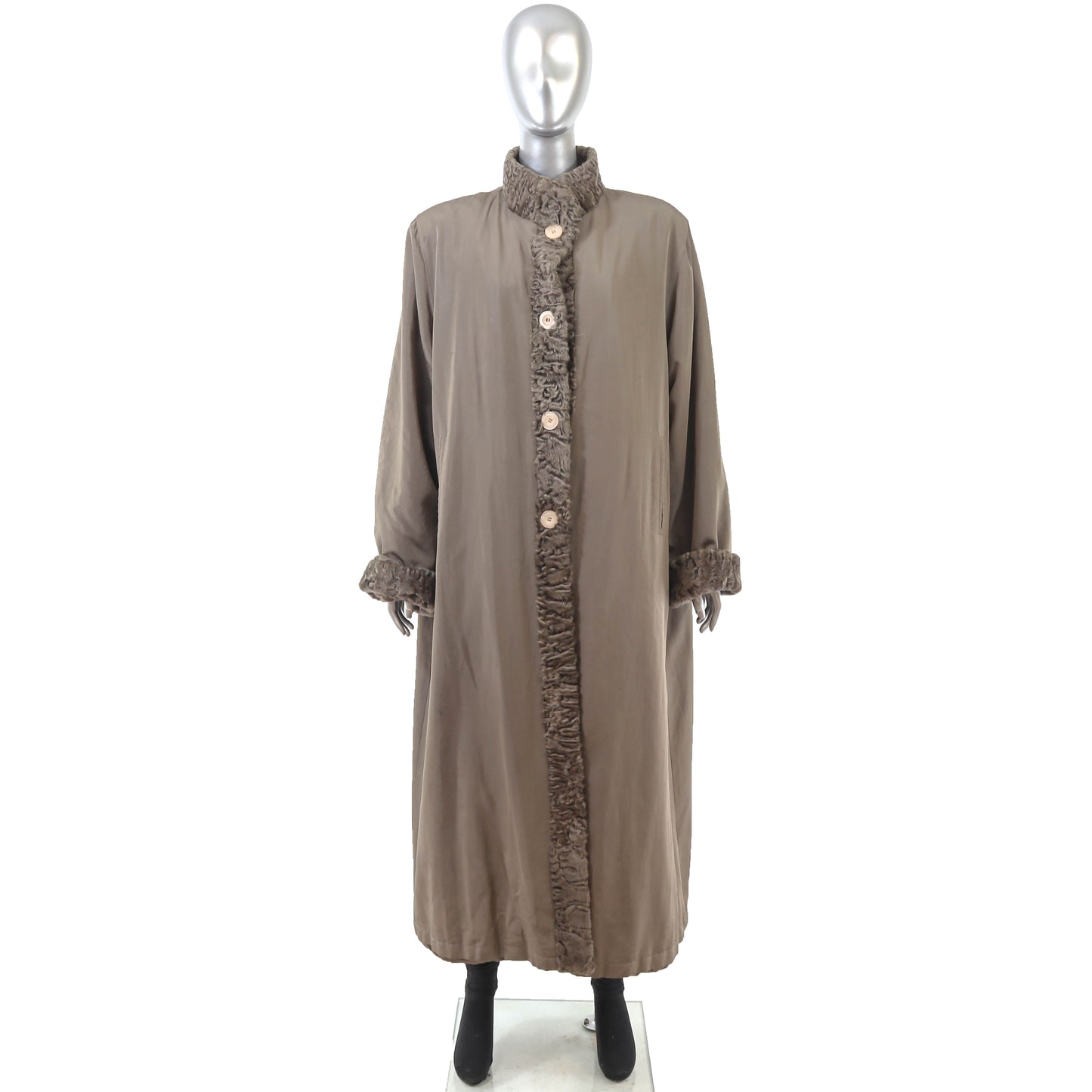 Brown Taffeta Coat with Lamb Trim and Detachable Rabbit Lining- Size XXL