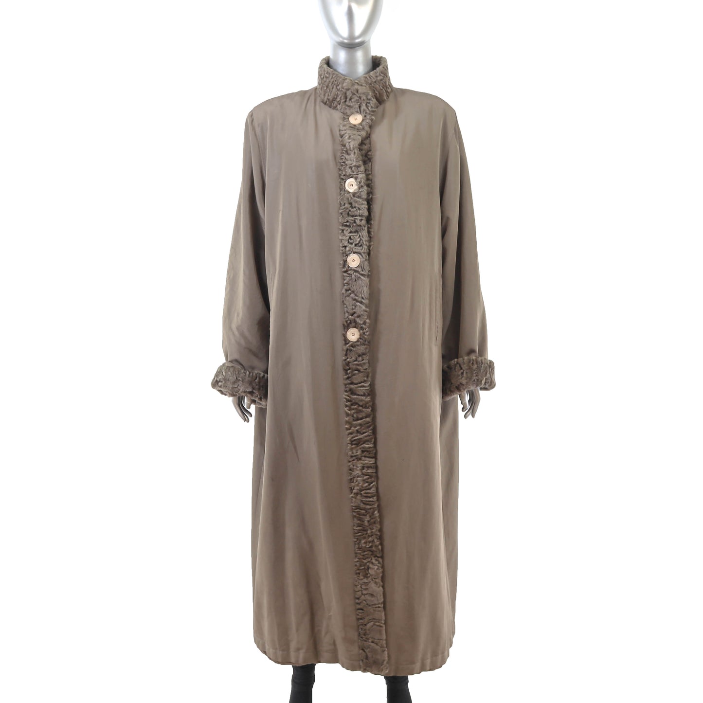 Brown Taffeta Coat with Lamb Trim and Detachable Rabbit Lining- Size XXL