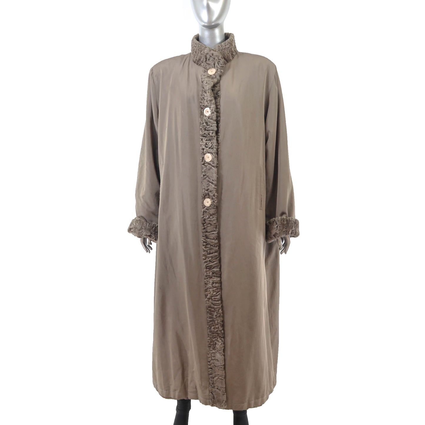 Brown Taffeta Coat with Lamb Trim and Detachable Rabbit Lining- Size XXL