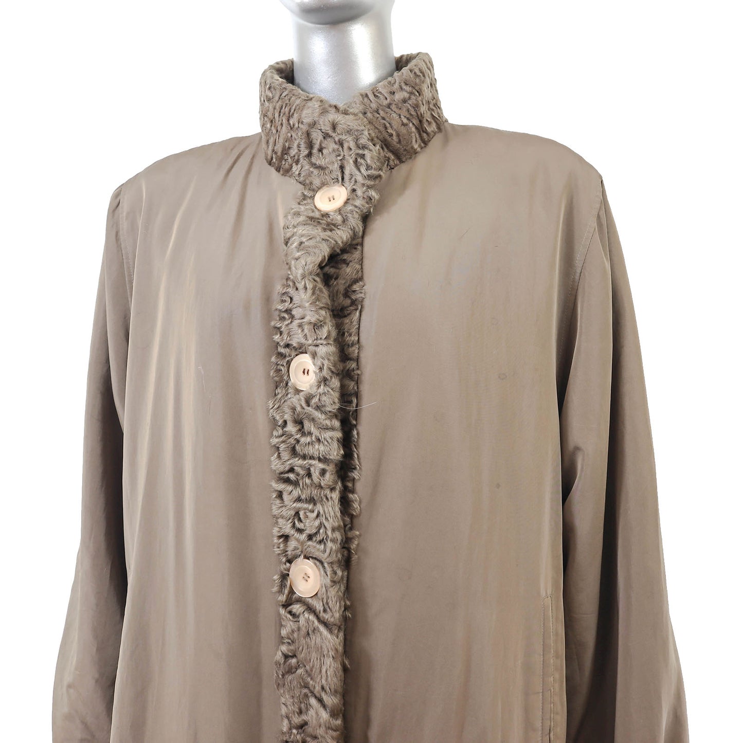 Brown Taffeta Coat with Lamb Trim and Detachable Rabbit Lining- Size XXL