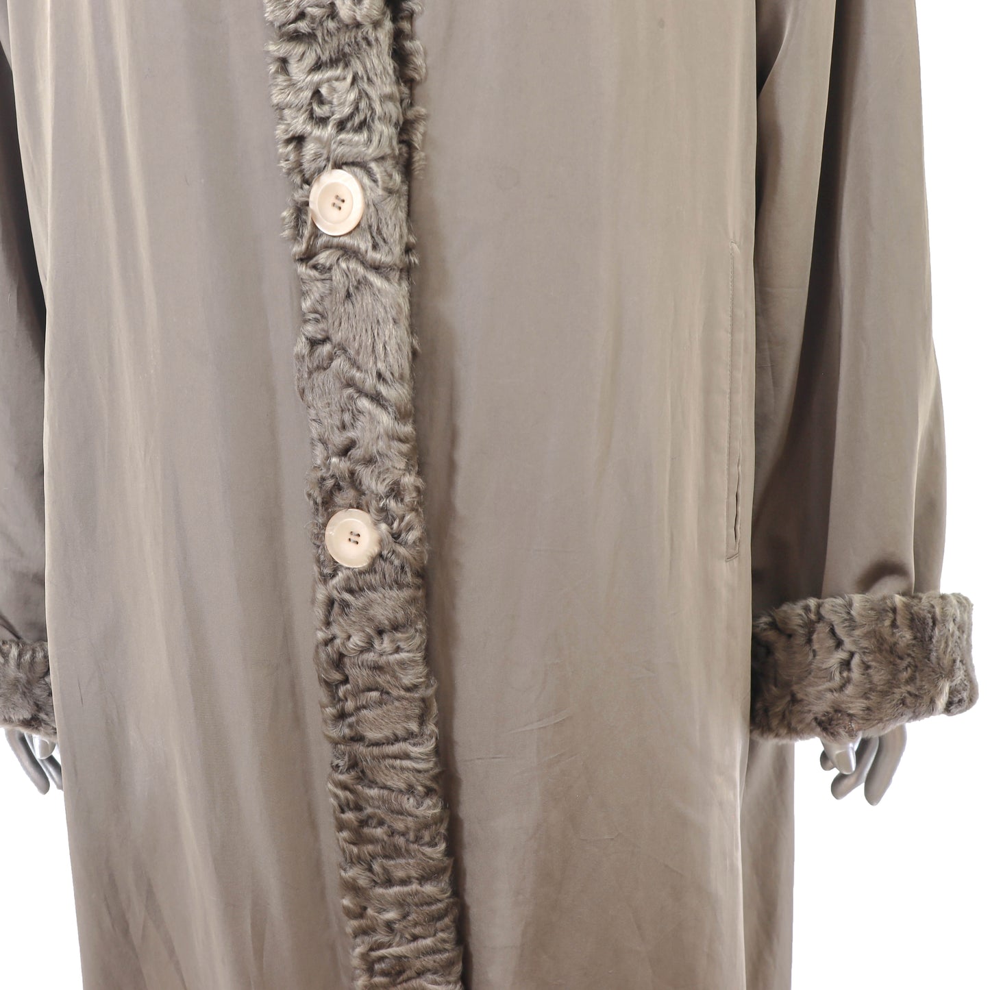 Brown Taffeta Coat with Lamb Trim and Detachable Rabbit Lining- Size XXL