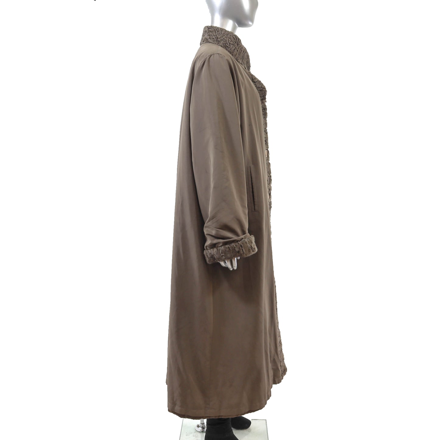 Brown Taffeta Coat with Lamb Trim and Detachable Rabbit Lining- Size XXL