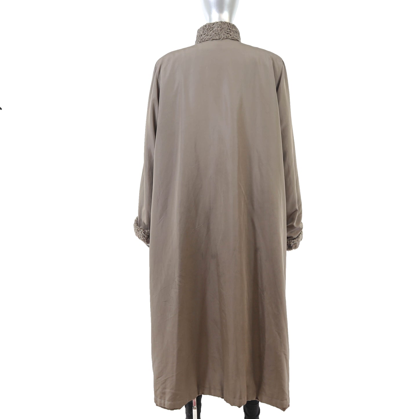Brown Taffeta Coat with Lamb Trim and Detachable Rabbit Lining- Size XXL