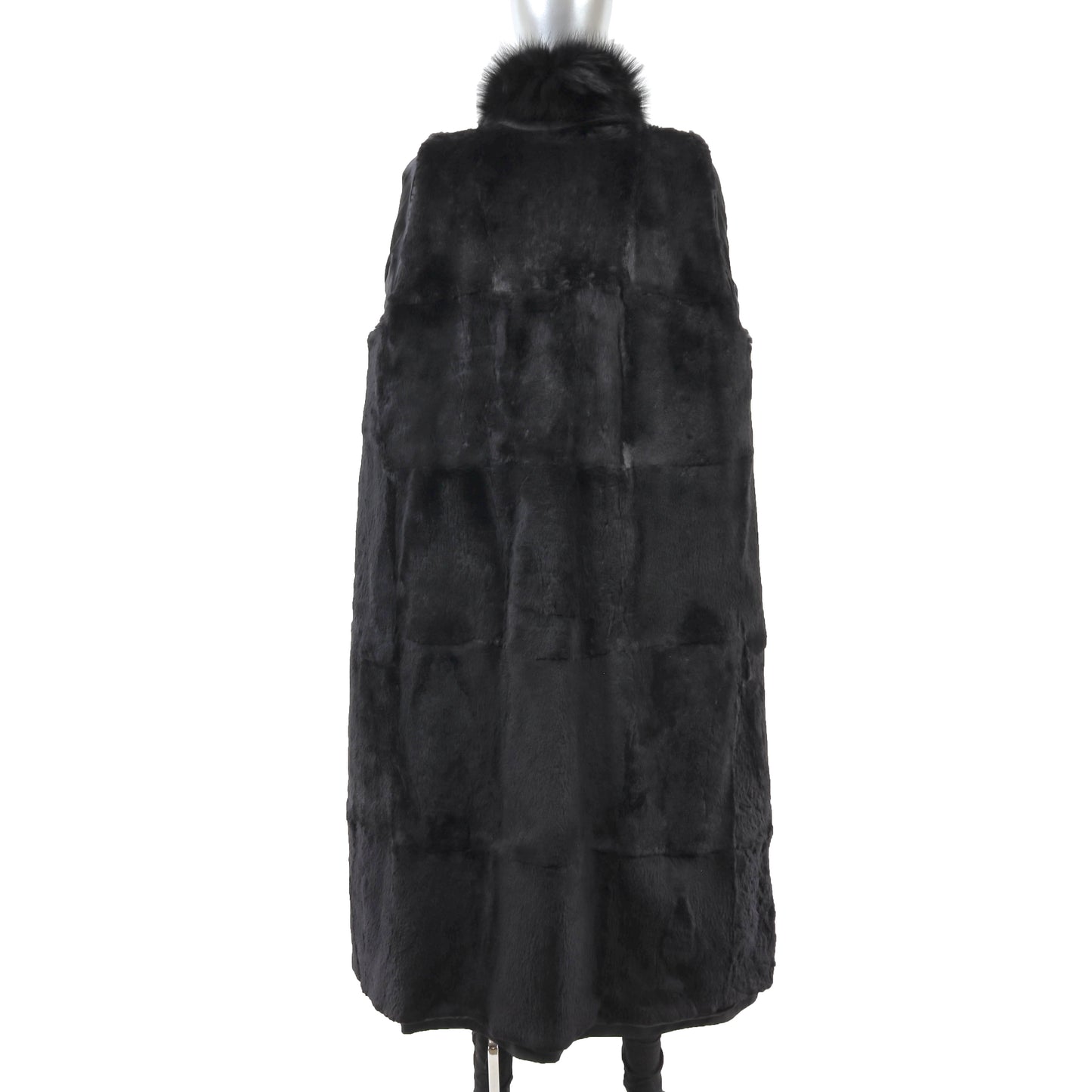 Black Taffeta Coat with Detachable Rabbit Lining and Fox Tuxedo- Size XL