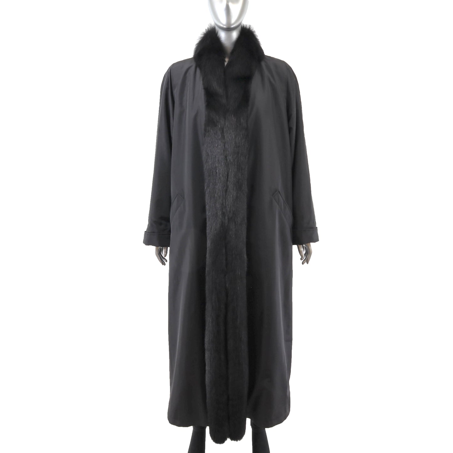 Black Taffeta Coat with Detachable Rabbit Lining and Fox Tuxedo- Size XL