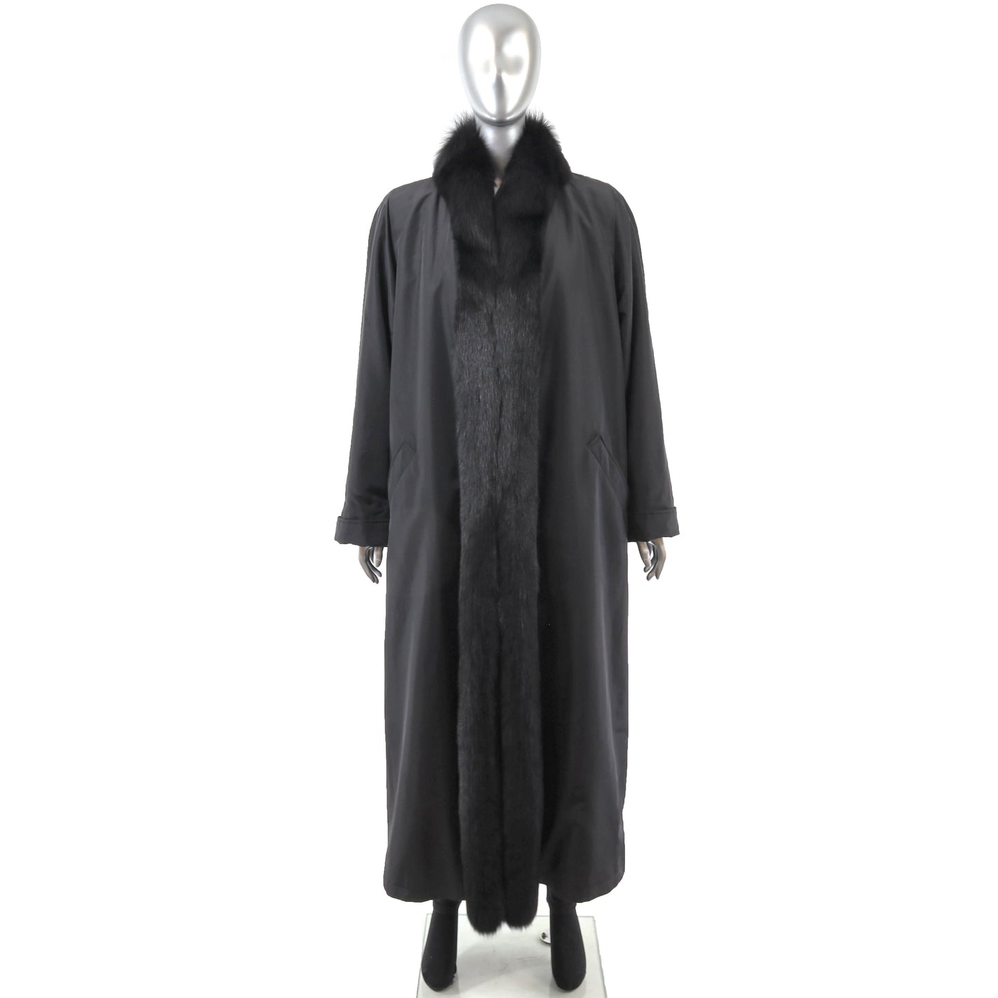 Black Taffeta Coat with Detachable Rabbit Lining and Fox Tuxedo- Size XL
