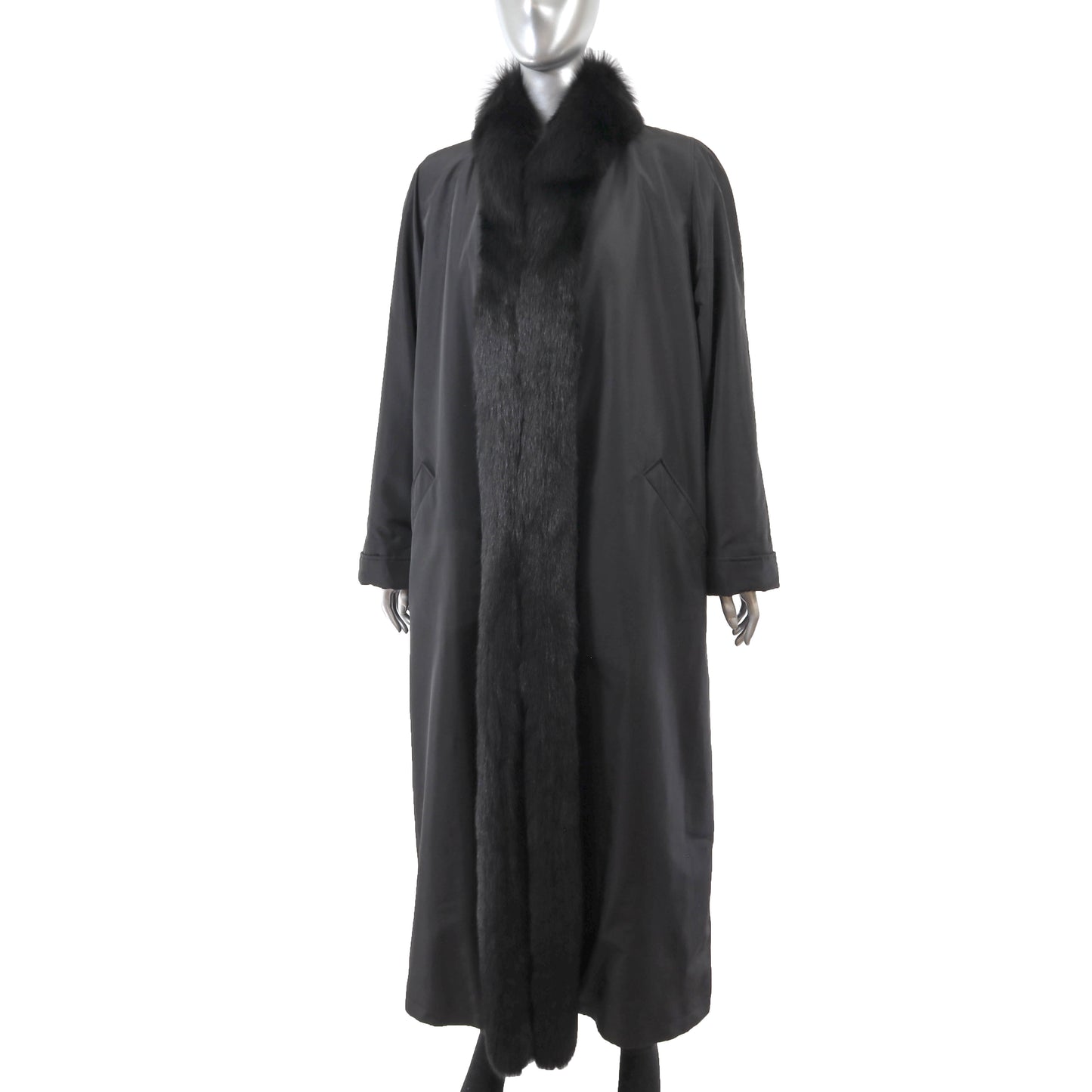 Black Taffeta Coat with Detachable Rabbit Lining and Fox Tuxedo- Size XL