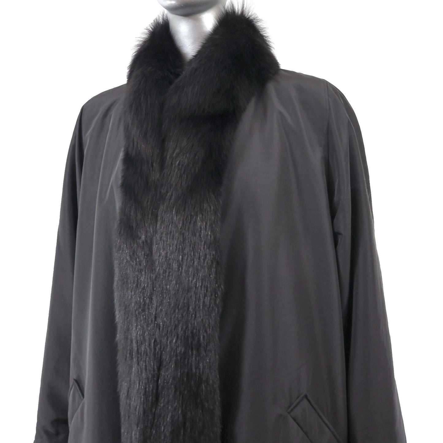 Black Taffeta Coat with Detachable Rabbit Lining and Fox Tuxedo- Size XL