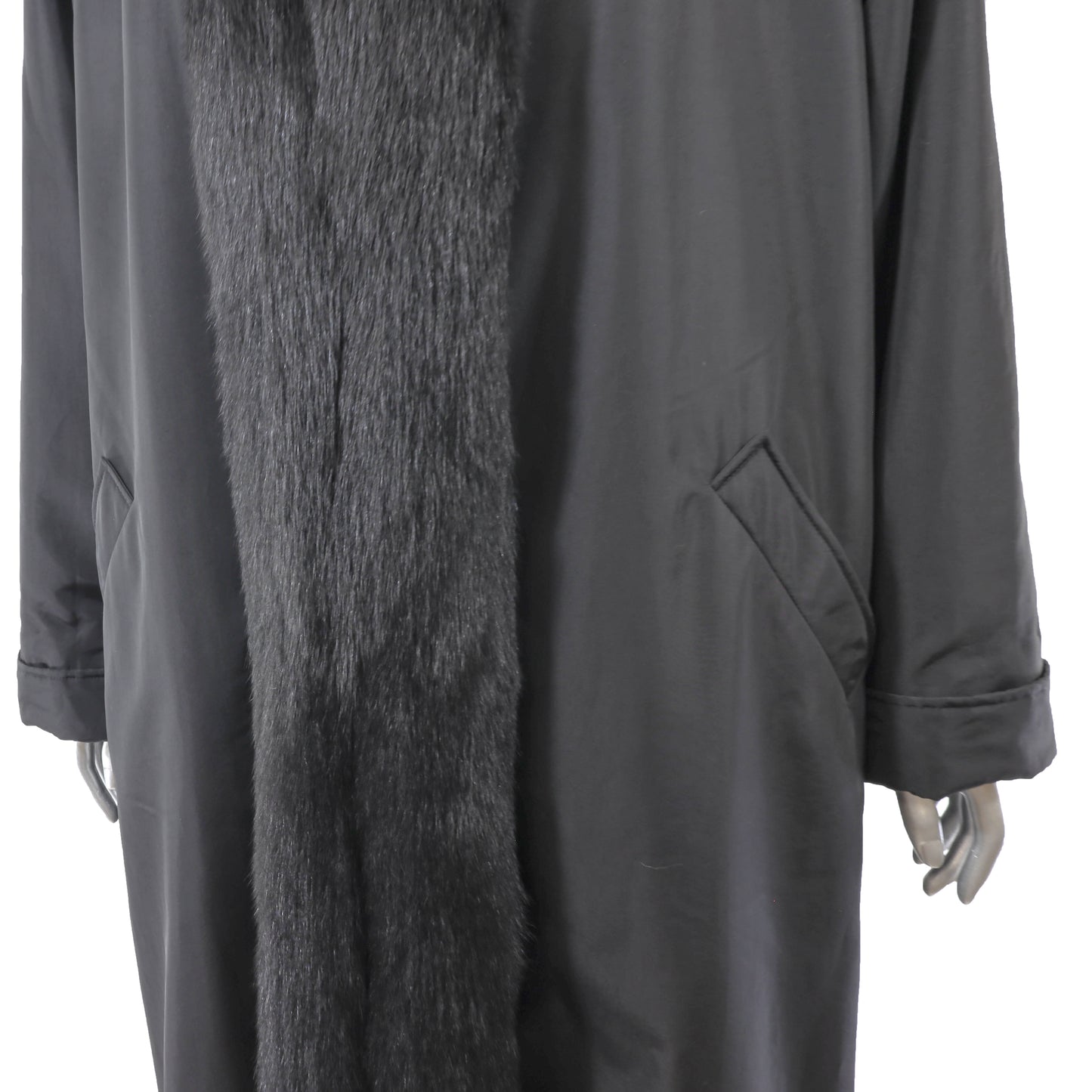Black Taffeta Coat with Detachable Rabbit Lining and Fox Tuxedo- Size XL