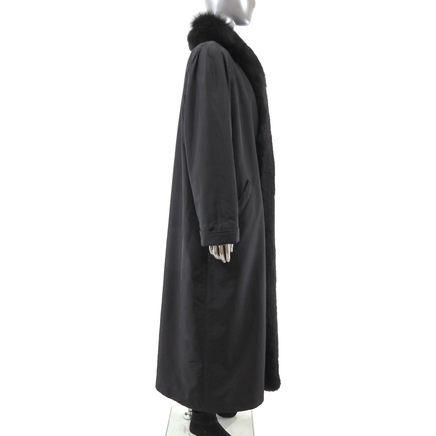 Black Taffeta Coat with Detachable Rabbit Lining and Fox Tuxedo- Size XL