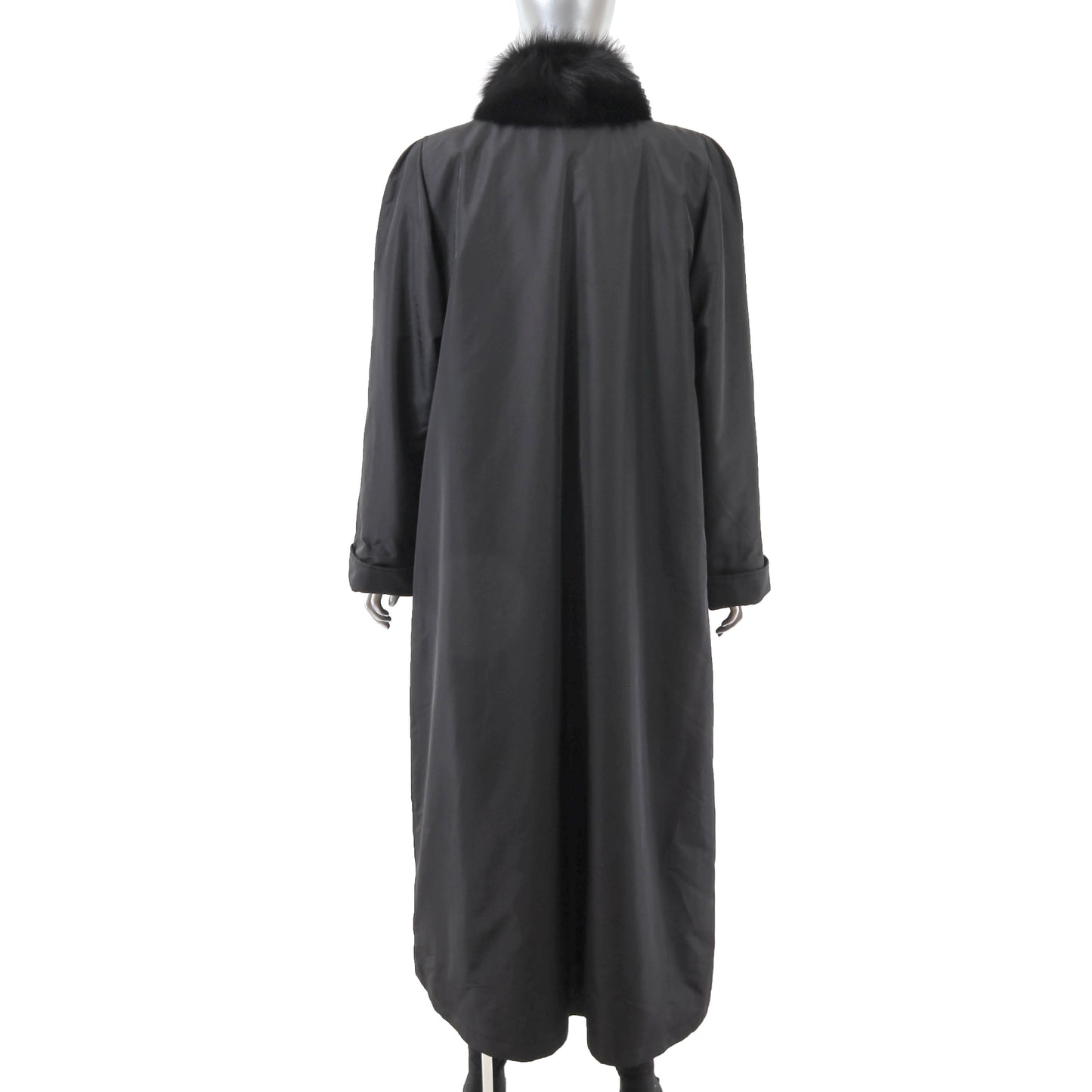 Black Taffeta Coat with Detachable Rabbit Lining and Fox Tuxedo- Size XL
