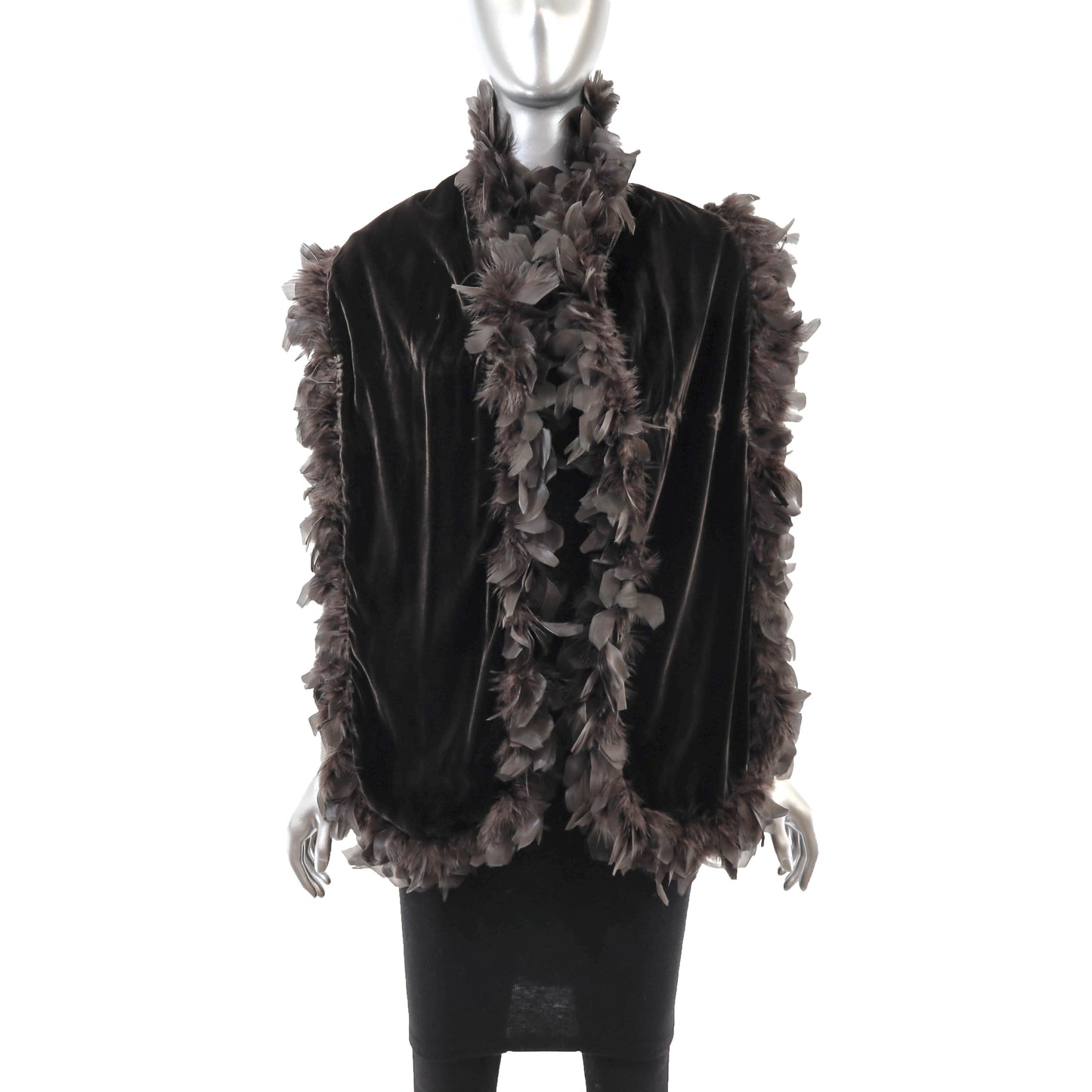 Dark Brown Velvet Stole with Feathers- Size Free