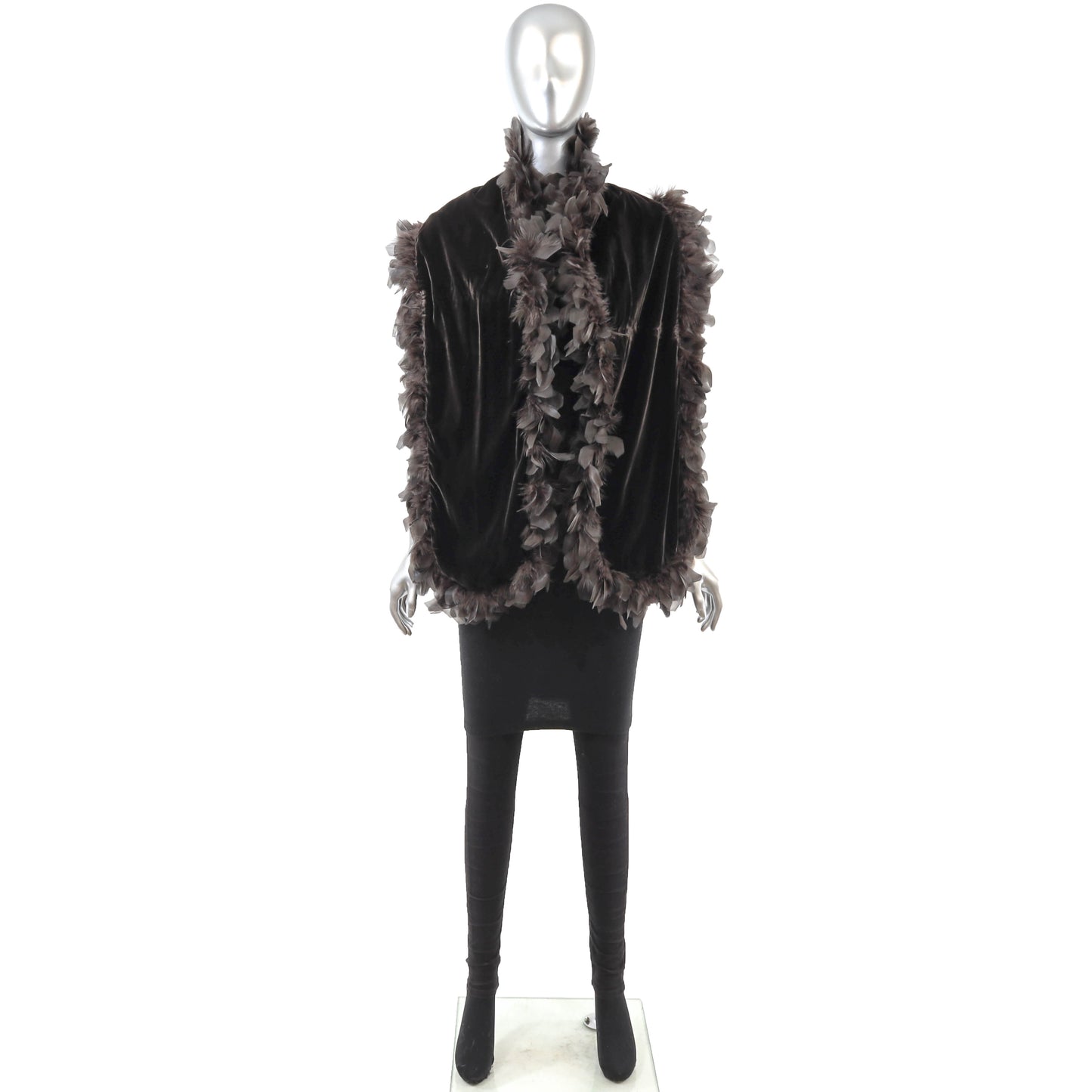 Dark Brown Velvet Stole with Feathers- Size Free