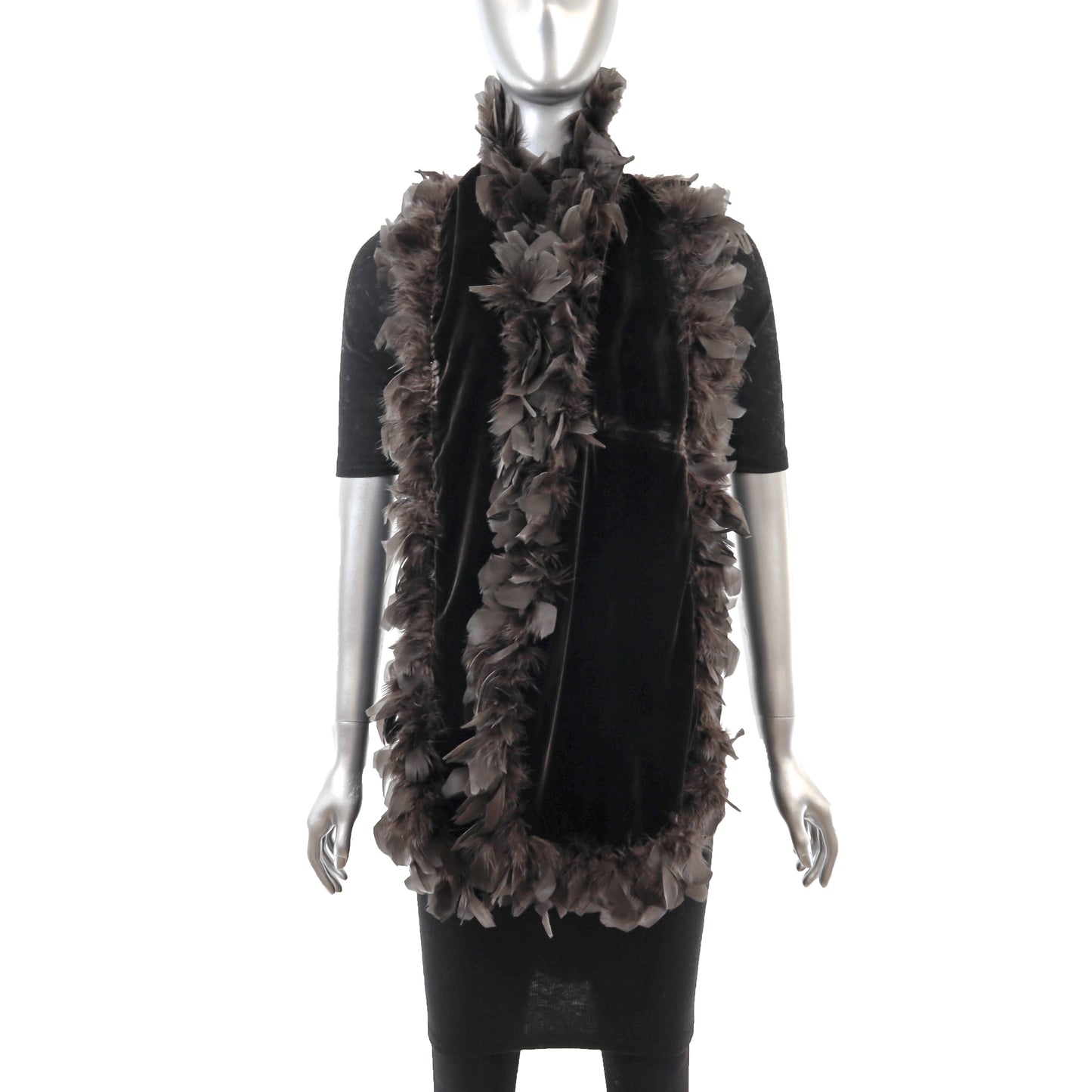 Dark Brown Velvet Stole with Feathers- Size Free