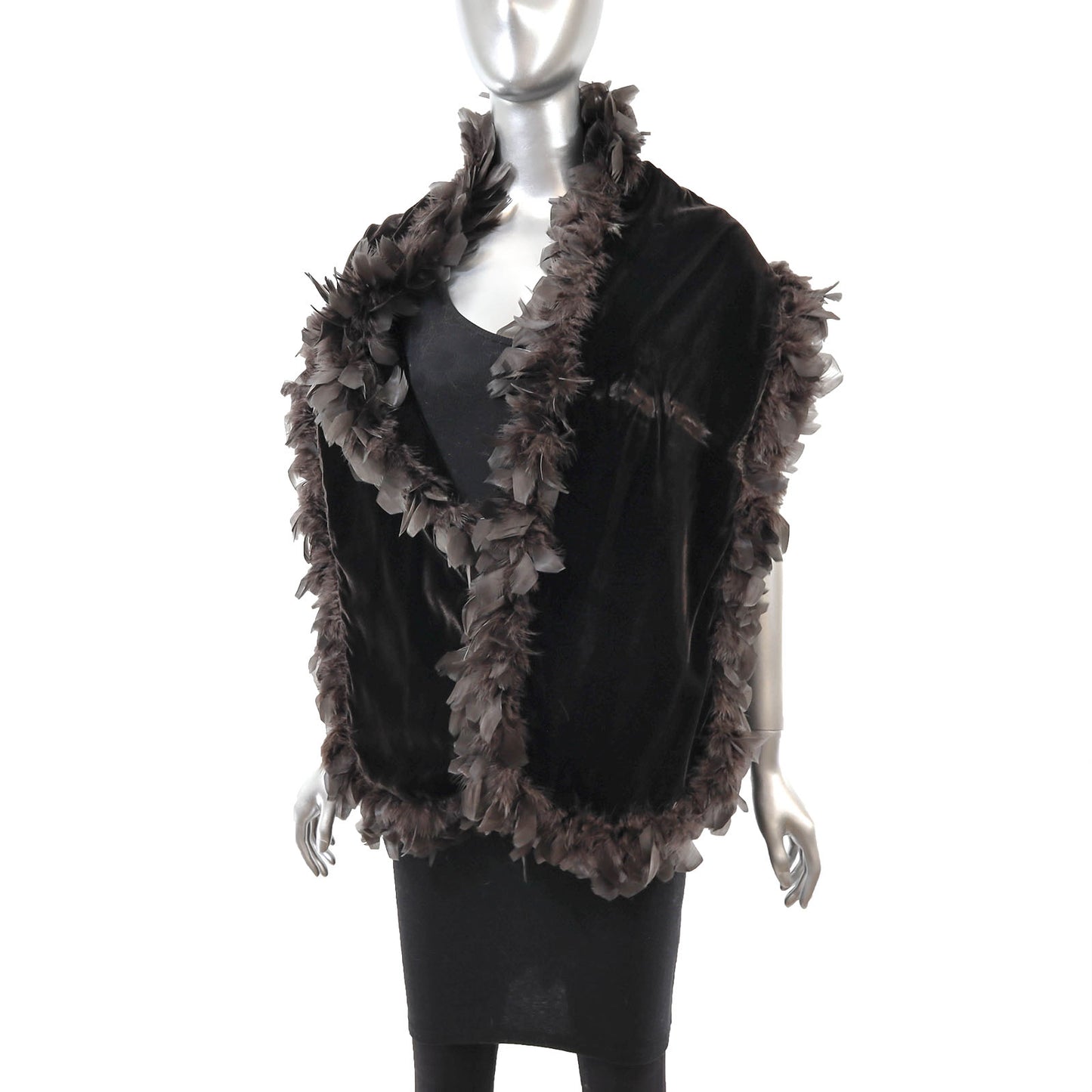 Dark Brown Velvet Stole with Feathers- Size Free