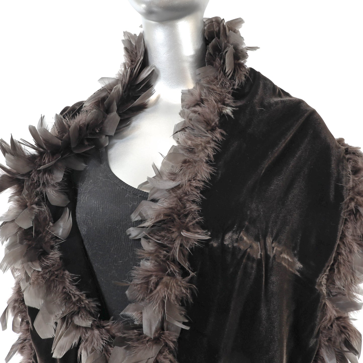 Dark Brown Velvet Stole with Feathers- Size Free