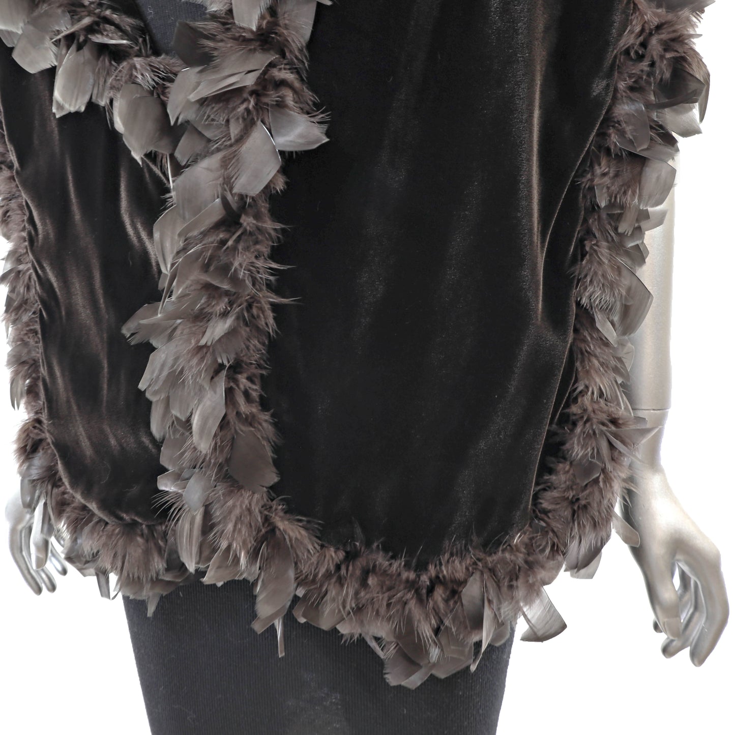 Dark Brown Velvet Stole with Feathers- Size Free