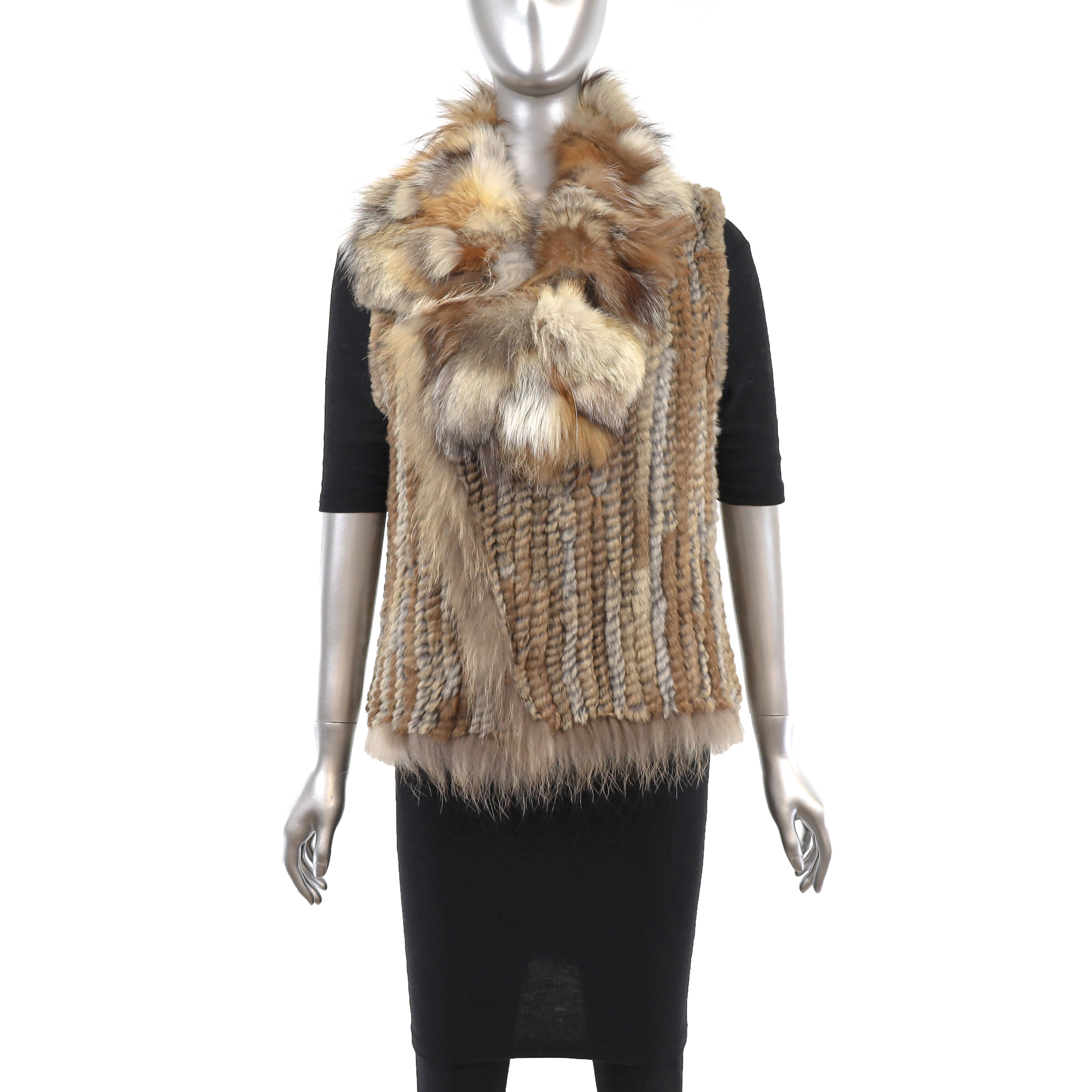 Knitted Brown Rabbit Vest with Fox Trim- Size S – VintageFurs