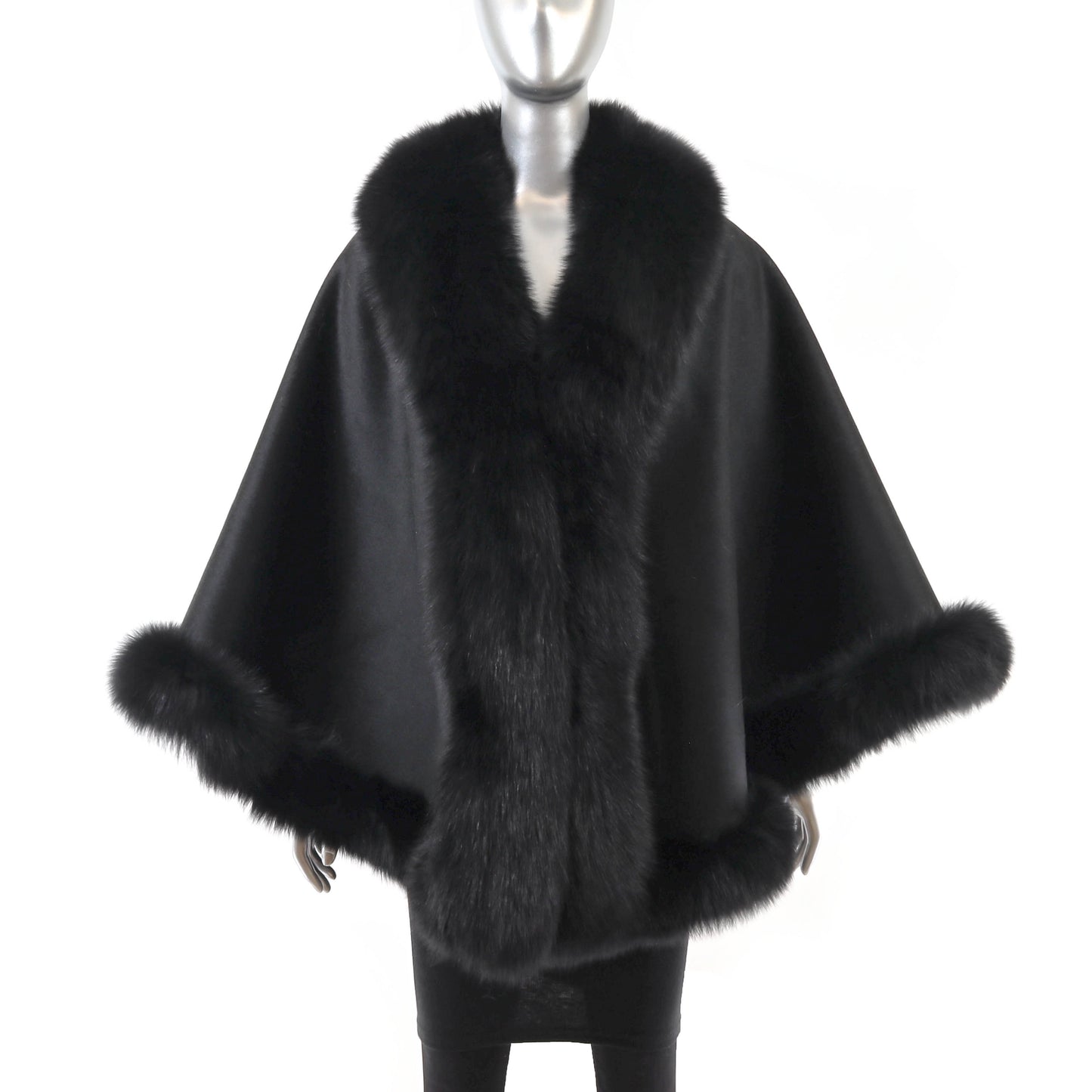 Black Cashmere Cape with Fox Trim- Size Free