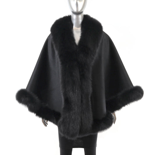 Black Cashmere Cape with Fox Trim- Size Free