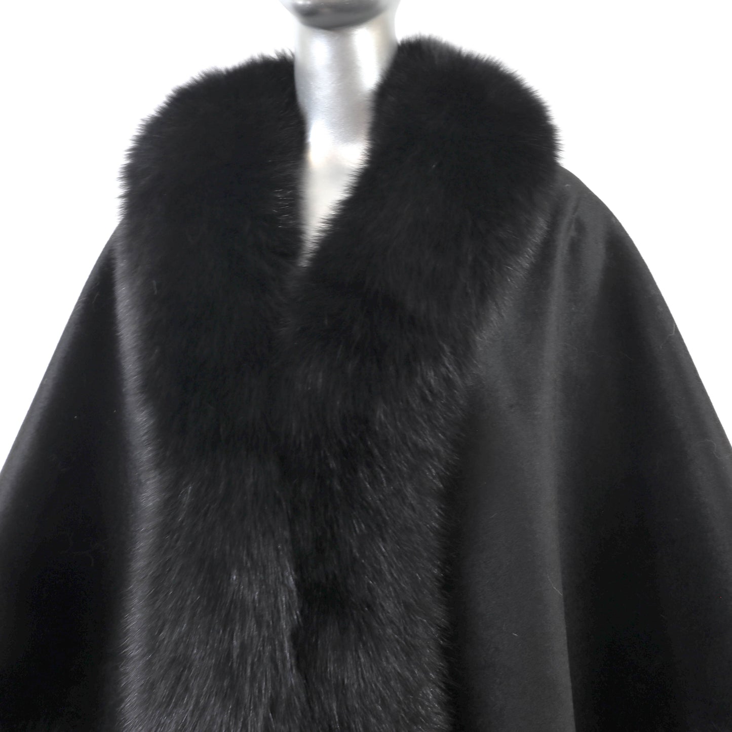 Black Cashmere Cape with Fox Trim- Size Free
