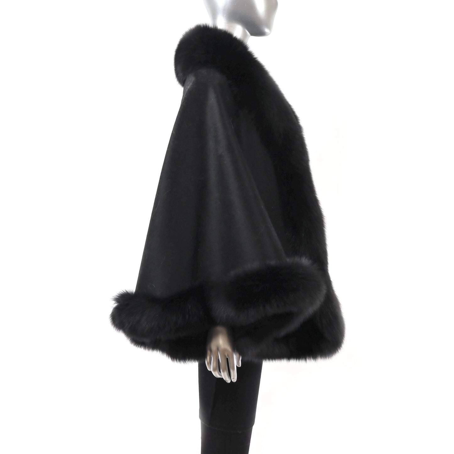 Black Cashmere Cape with Fox Trim- Size Free