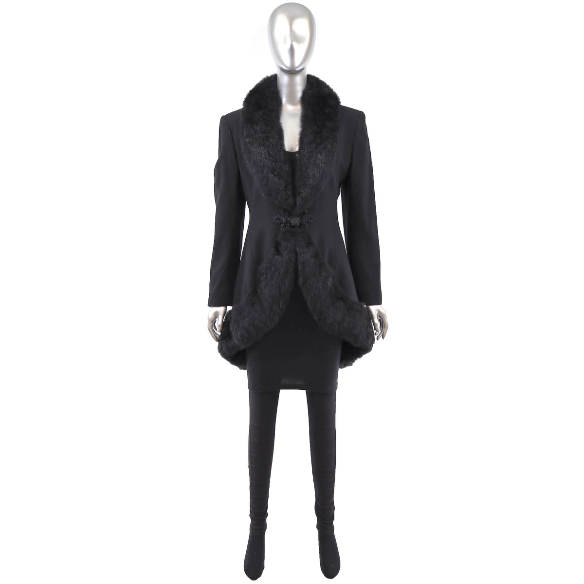 Black Wool Coat with Opossum Trim- Size XS-S