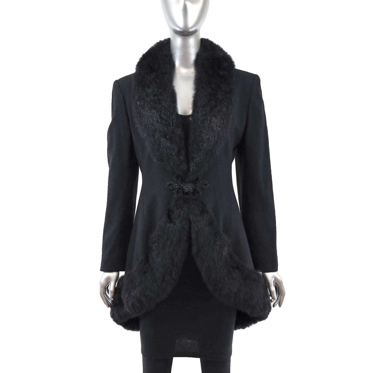 Black Wool Coat with Opossum Trim- Size XS-S