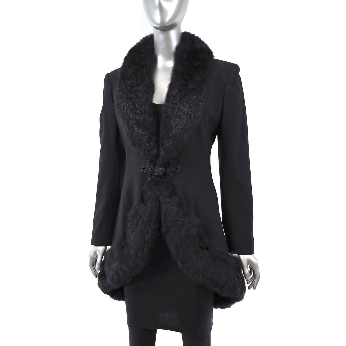 Black Wool Coat with Opossum Trim- Size XS-S
